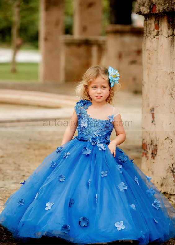 Cap Sleeves Blue Lace 3D Flowers Luxury Flower Girl Dress